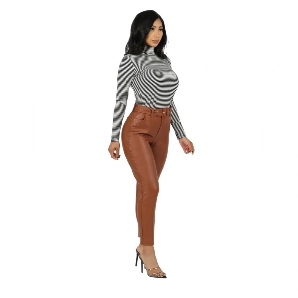 NWT BBJ Womens Large Chestnut Brown Vegan Leather Belt High Rise Trouser Pants L